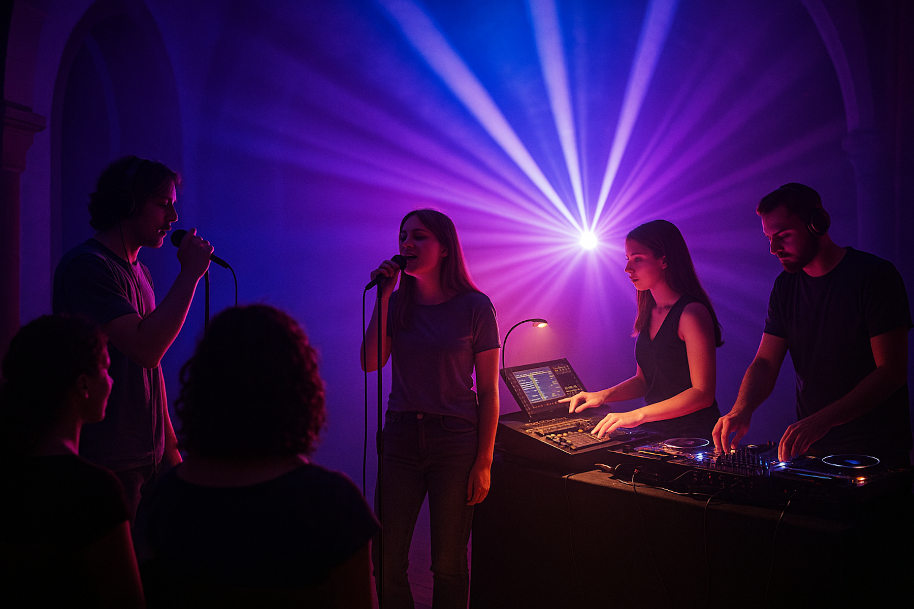 Lebendige Bühnenperformance bei Nacht