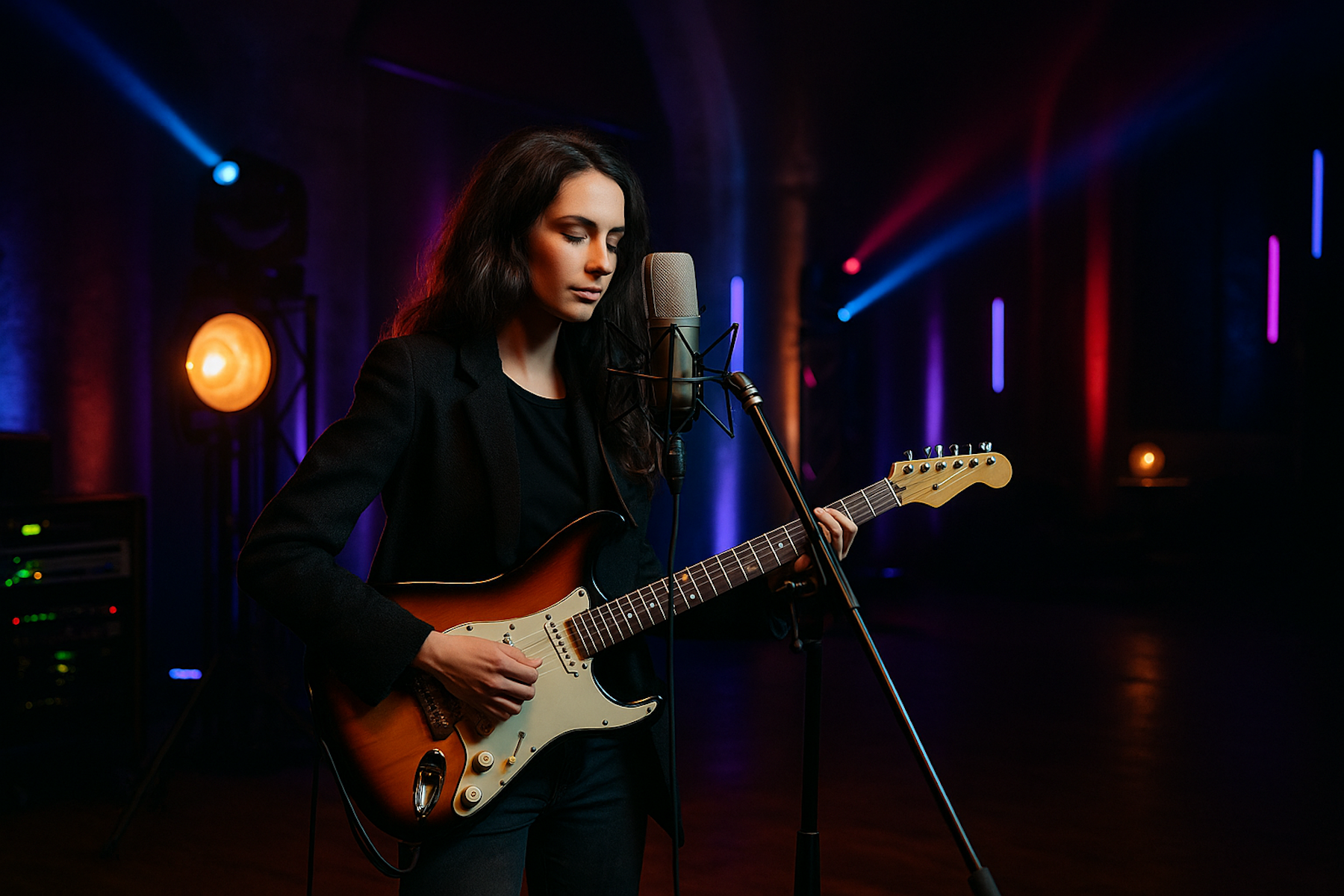 Musikerin auf der Bühne im Spotlight