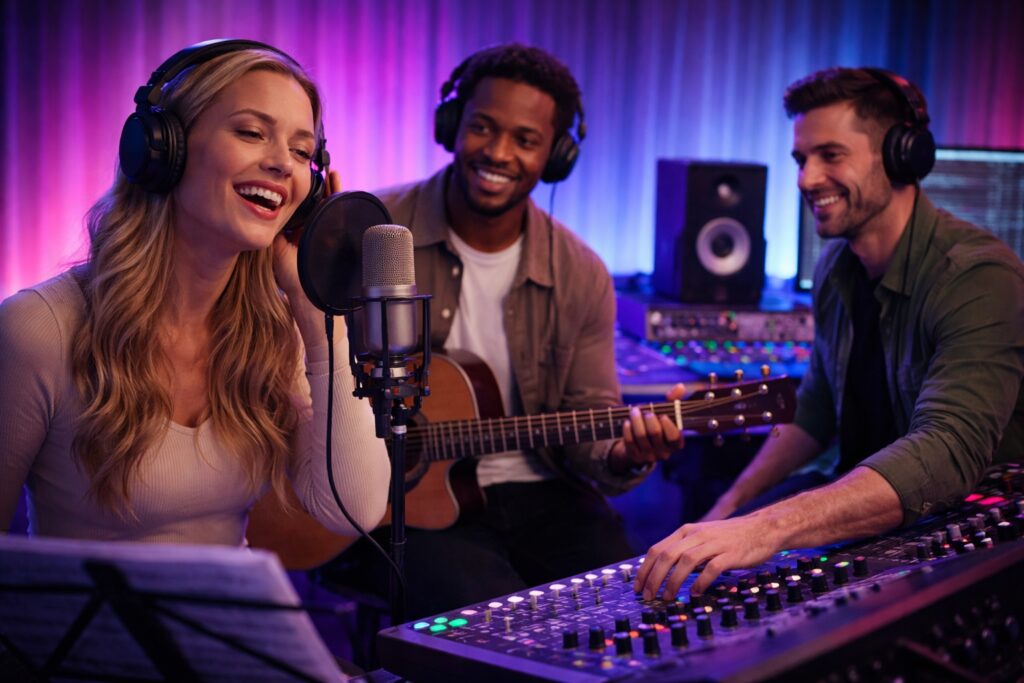3 Personen die gemeinsam Musik produzieren