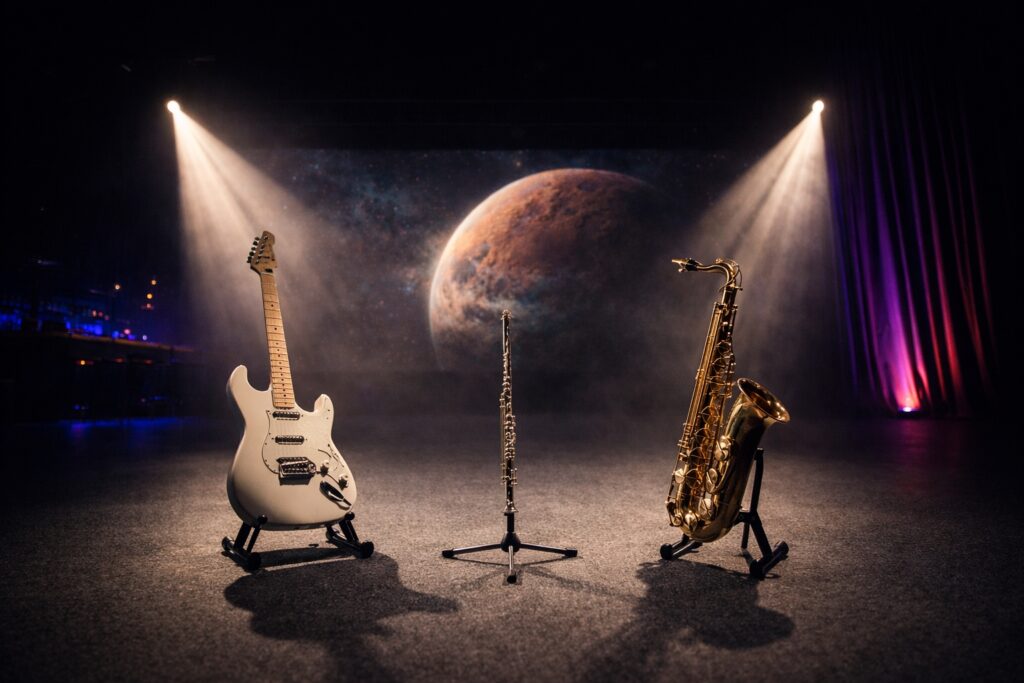 E-Gitarre, Saxophon vor Planeten Hintergrund