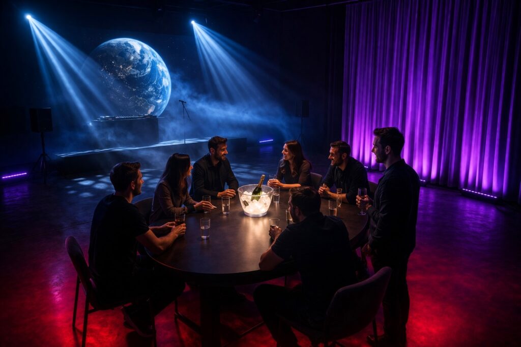 Atmosphärischer Tisch mit 7 Personen in kunstvoll beleuchtetem Raum