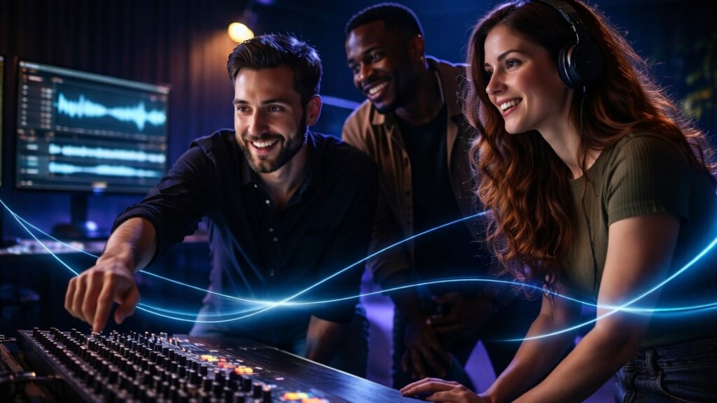 Drei Personen im Gespräch im Skylab Studio.