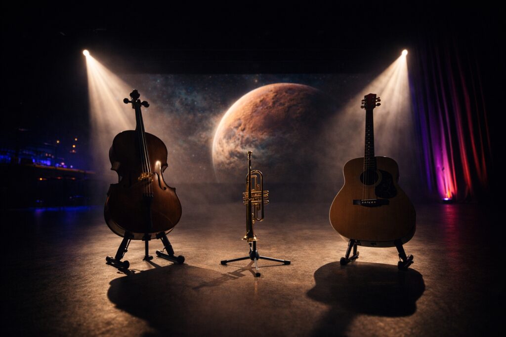 Kreative Musikproduktion mit Instrumenten und visuellen Effekten im Skylab Studio