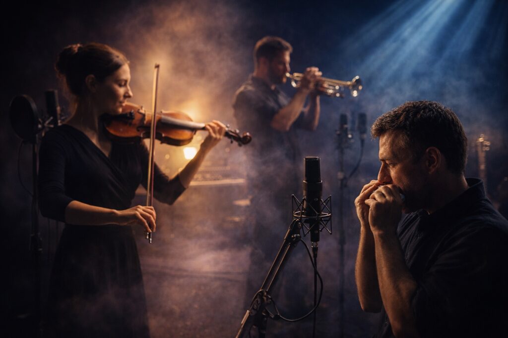 Instrument Recording Session mit professioneller Studiobeleuchtung im Skylab Studio